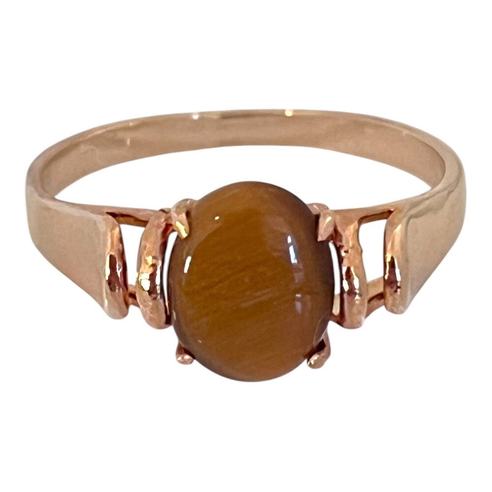 Vintage 1970s Tigers Eye Solitaire Ring 14K Gold Plate Size 8 - 6L